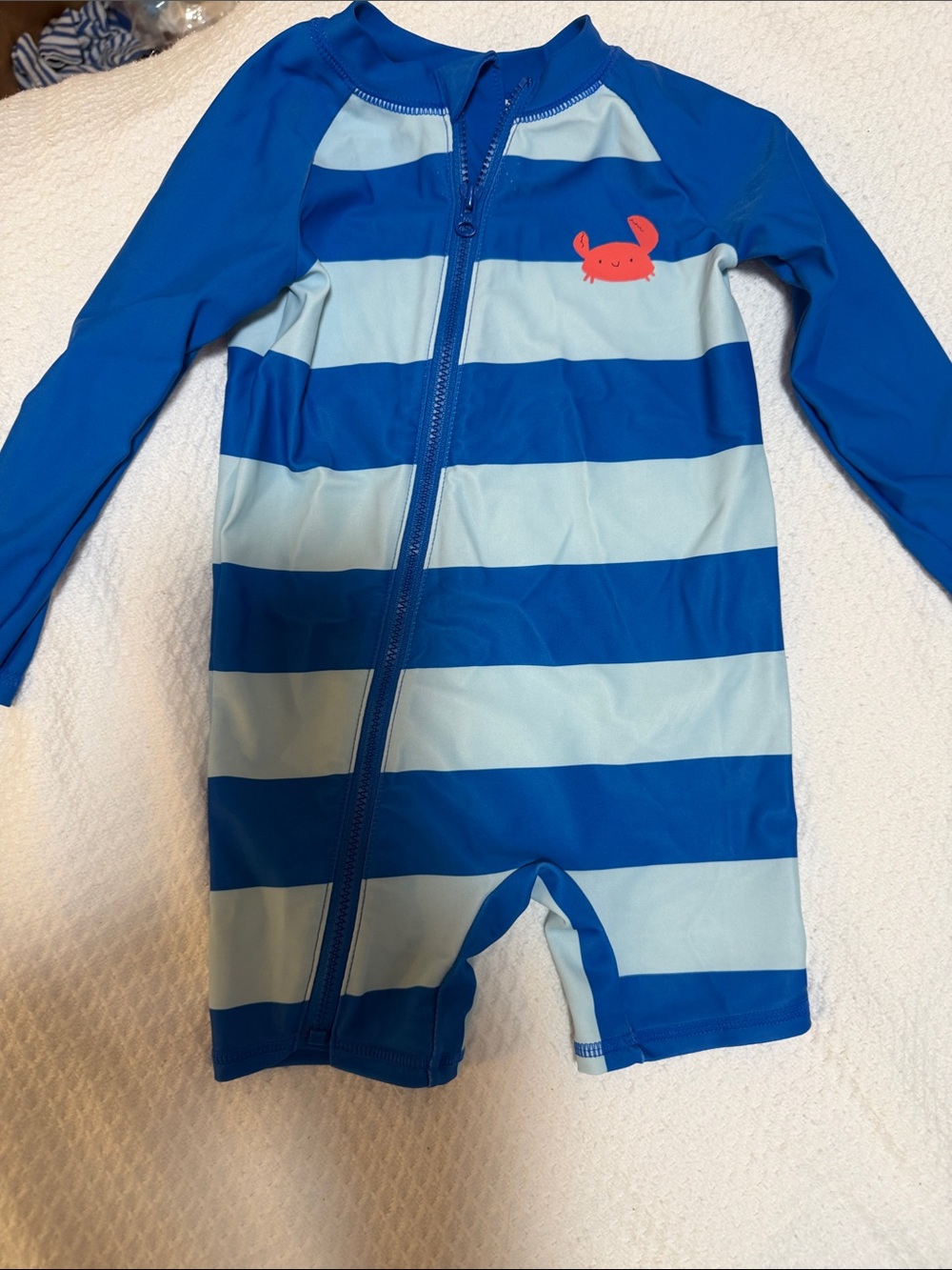 Carter's Blue Striped Long-Sleeve Swim Romper with Coral Crab